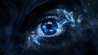 Futuristic digital eye with glowing blue iris surrounded by electric lightning effects and sparkling particles on dark cosmic background for sci-fi designs.