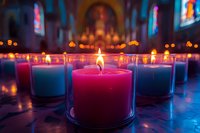 Colorful prayer candles glowing in sacred church interior with stained glass windows creating peaceful spiritual atmosphere for meditation and worship.