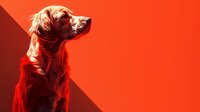 Golden retriever dog profile silhouette against vibrant red background with dramatic lighting and shadow creating artistic contrast. Elegant pet portrait.
