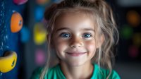 Young Caucasian girl with bright blue eyes and gentle smile wearing green shirt against blurred colorful background, expressing joy and innocence in natural lighting.