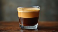 Layered espresso shot in glass showing distinct coffee gradient from dark to light with creamy crema on top, served on wooden surface against dark background.