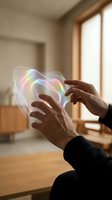 Hands holding holographic transparent heart shape with rainbow colors in modern office interior for love and technology concepts.
