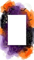 Halloween watercolor frame with haunted house, bats, ghosts, spooky tree and full moon. Blank white space for text or design elements on purple and orange background.