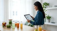 Young Asian woman using tablet in modern kitchen with healthy smoothies and fresh ingredients for nutrition planning and wellness lifestyle.