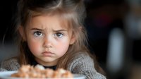 Young Caucasian girl with blue eyes and brown hair wearing knit sweater looks with serious expression. Dark moody portrait captures childhood emotions and innocence.