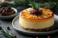 Homemade caramelized pineapple cheesecake garnished with fresh rosemary and cranberries on gray plate, dark moody background with coffee beans.