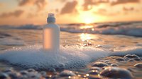 Cosmetic bottle on sea foam at golden sunset beach. Natural skincare product photography with ocean waves and warm sunlight creating dreamy atmosphere.