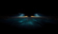 Futuristic glowing grid horizon with blue light beams and particles against dark background creates dramatic perspective effect for technology concepts.