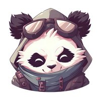 Cute cartoon panda character wearing aviator goggles and leather jacket, drawn in anime style with expressive eyes and fluffy ears on white background.