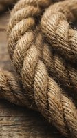 Natural jute rope coils with detailed fiber texture on rustic wooden surface for nautical, crafting and industrial design projects.
