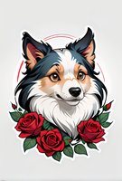 Smiling Shetland Sheepdog portrait with red roses frame on isolated background. Decorative art style drawing for stickers, prints and merchandise design.