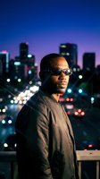 Young Black male wearing sunglasses and dark casual jacket poses against vibrant nighttime cityscape with illuminated skyscrapers and bokeh lights for urban lifestyle and portrait use.