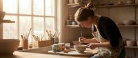 Young woman artisan crafting pottery on wheel in sunlit ceramic studio workshop. Professional potter shaping clay bowl with focused concentration and skill.