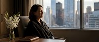 Calm middle-aged Asian woman in robe meditating at desk with city skyline view, white flowers, serene hotel room morning wellness moment.