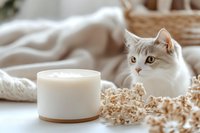 Adorable gray and white domestic cat sitting beside glowing candle in cozy bedroom setting with soft neutral tones and dried flowers for relaxation content.