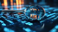 Magnifying glass examining financial data and stock market charts with glowing blue digital numbers, highlighting market analysis and investment research.