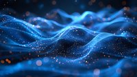 Abstract blue glowing waves with particles and bokeh effects on dark background, flowing energy concept for technology and science designs.