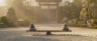 Zen garden with balanced stone cairns on raked sand creating peaceful meditation space with traditional torii gate and soft golden sunlight filtering through trees.