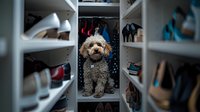 Cute cockapoo dog sitting in organized shoe closet with white shelving, surrounded by casual and formal footwear collection in modern home storage.