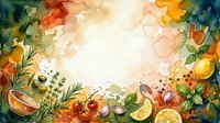 Watercolor illustration of fresh citrus fruits, vegetables, and herbs arranged in a circular frame with vibrant orange, yellow, and green tones. Ideal for food, wellness, and culinary design projects.