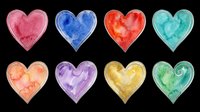 Eight watercolor hearts in vibrant rainbow colors, isolated on transparent background. Ready for Valentine clipart, stickers, t-shirt design, print on demand, and sublimation projects.