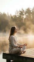 Young Caucasian woman meditating in lotus pose on wooden dock at misty lake during golden sunrise, breathing mindfully in nature.