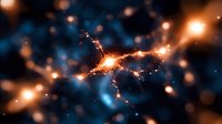 Glowing orange and blue cosmic network with luminous connections against dark space background, depicting neural or astronomical connections.