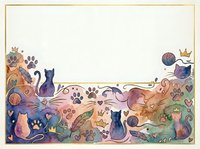 Watercolor cats and paw prints border frame with gold accents, hearts, and yarn balls on white background, ready for text or design use.