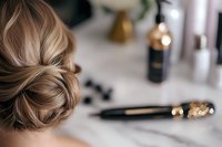 Elegant low bun hairstyle on blonde woman with soft focus on hair accessories and cosmetic products in background, showcasing professional styling technique.