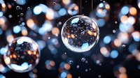 Transparent glass Christmas baubles on dark background with bokeh lights and reflections create magical holiday atmosphere. Perfect for festive designs.