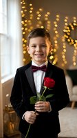 Young boy in black tuxedo with burgundy bow tie holding red rose, smiling at camera with warm bokeh lights background for formal events and celebrations.