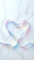 Iridescent holographic ribbon forming heart shape on white marble background for romantic design projects and wedding decorations.