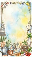 Watercolor kitchen frame with cooking utensils, herbs, spices, fruits and vegetables, soft pastel background with copy space for text.
