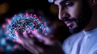 Middle Eastern man in white shirt holding glowing digital brain hologram with network connections against dark background with bokeh lights and neural pathways.