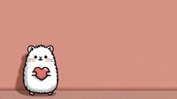 Cute white fluffy hamster character holding red heart on pink background for Valentine's Day greeting cards and romantic designs.
