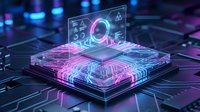 Futuristic holographic interface displaying data analytics over glowing microchip processor with neon pink and blue circuit patterns on dark tech background.