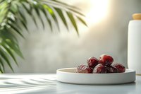 Fresh red dates on white ceramic plate with palm leaves shadow and soft natural morning light, minimalist healthy food styling composition.