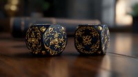 Black gaming dice with ornate golden floral patterns and decorative elements on wooden surface in moody lighting, creating luxurious atmosphere for tabletop games.