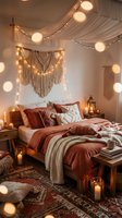 Cozy bedroom interior with warm string lights, macramé wall hangings, rust-colored bedding, wooden furniture, and lit candles creating ambient lighting for home decor and interior design inspiration.