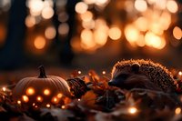 Cute hedgehog with autumn pumpkin and fairy lights creating cozy fall atmosphere with warm bokeh background for seasonal decorating and holiday themes.