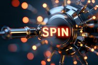 Glowing spin text on metallic mechanical device with radial spokes and orange bokeh lights in dark background, creating futuristic technological atmosphere.