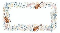 Violin and musical notes frame border with flowing staff lines and treble clefs on white background, isolated design element for music education, concert posters, and creative projects.