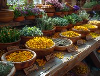 Various dried medicinal herbs and flowers in ceramic bowls displayed on wooden shelves, featuring calendula, chamomile and other natural botanical ingredients for herbal tea and wellness products.