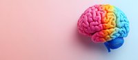 Colorful anatomical brain model with rainbow gradient sections on pastel background, representing mental health and cognitive function.