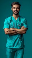 Hispanic male medical professional in turquoise scrubs and stethoscope smiling confidently with arms crossed against teal background, portraying healthcare expertise.