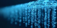 Glowing blue digital data streams flowing downward in dark background, representing network connectivity and information transfer in cyberspace.