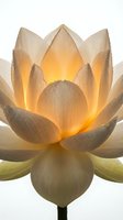 Illuminated lotus flower with translucent petals glowing golden yellow from within, isolated on white background. Perfect for wellness, spirituality, meditation and spa design projects.
