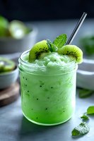 Fresh green kiwi smoothie garnished with mint leaves and sliced fruit in glass jar with straw on dark background. Healthy summer beverage.