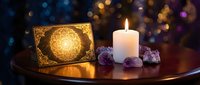 Mystical tarot card with ornate golden mandala design beside burning white candle and amethyst crystals on wooden table with colorful bokeh lights background.