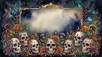 Ornate golden frame with skulls and colorful roses arranged on dark background, featuring clouds in center space. Suitable for gothic designs, posters, and digital artwork projects.
